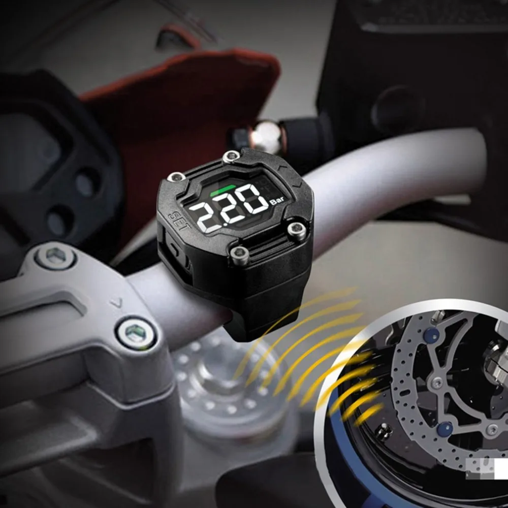 

Black Wireless Sensor Motorcycle Tire Pressure Monitoring Waterproof LCD Display Installation Flexible / Migration