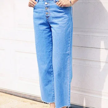

2018 Spring Autumn Retro Spell High Waist Denim Pants Fringed Edges Straight Wide Leg Jeans Fall Women 9584