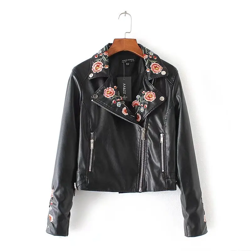 2017 Fashion Women Embroidery Leather Jacket Black Short Soft Pu Faux