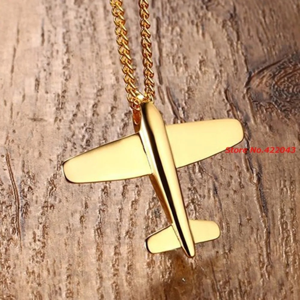 Charming Aircraft Plane Pendant Necklace Mens Womens Gold Polished Jewelry 316l Stainless Steel