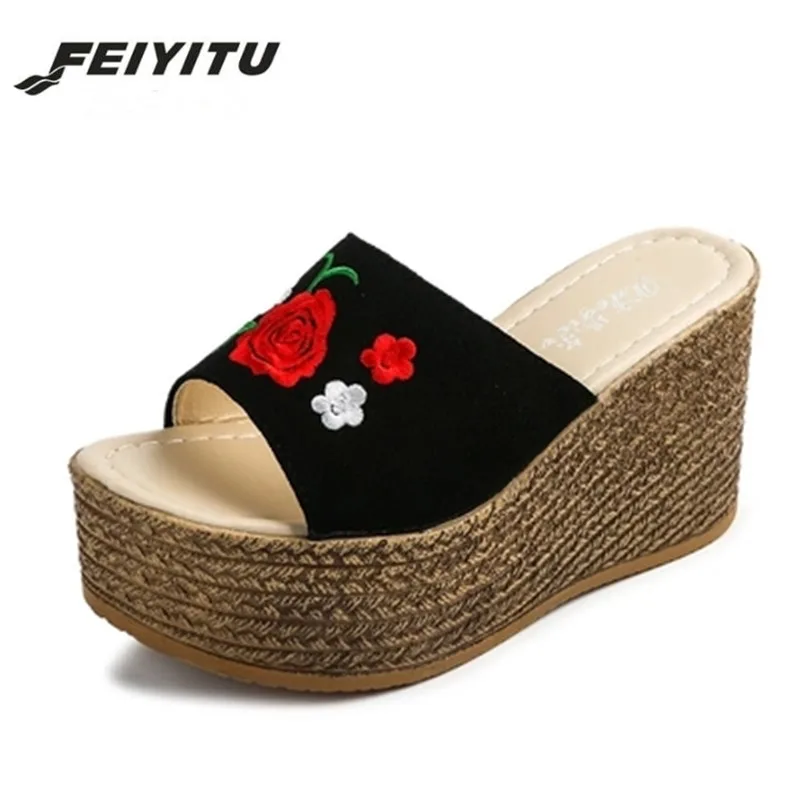 

Feiyitu Wedge Slides Women 2018 Embroidery Rose High Heel Slippers Summer Beach Flip Flops Designer Brand Slipon Plus size 34-40