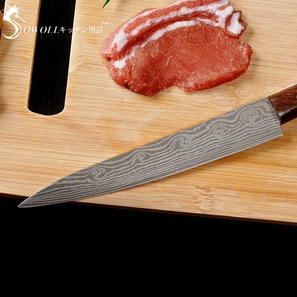 SOWOLL Stainless Steel Sashimi Kitchen Knife Laser Damascus Chef Knife Japanese Salmon Sushi Petty Raw Fish Filleting Knife