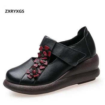 

Hot Selling 2019 Newest Flower Real Cowhide Leather Shoes woman shoes wedges High Heels Comfortable Women Shoes Elegant Fashion