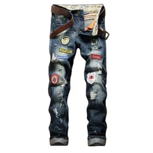 2016 Mens Ripped Jeans Vintage Patchwork Hole Jeans Fashion Mens Slim fit Straight Jeans P3097