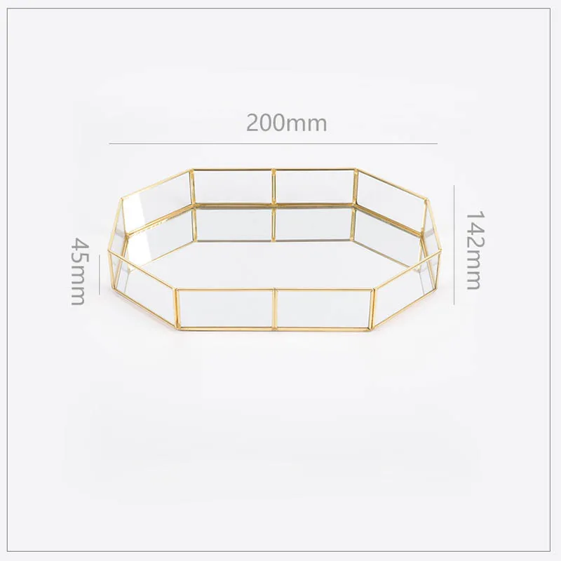 Латунный металлический поднос для хранения чая, роскошный стеклянный Золотой косметический держатель, многоугольная Фруктовая тарелка, ювелирный поднос для домашнего декора