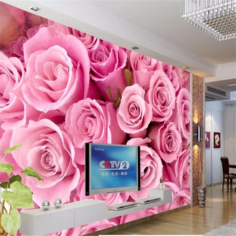 

beibehang photo wall papers home decor Stereoscopic Pink roses romantic TV backdrop flower living room bedroom mural wallpaper