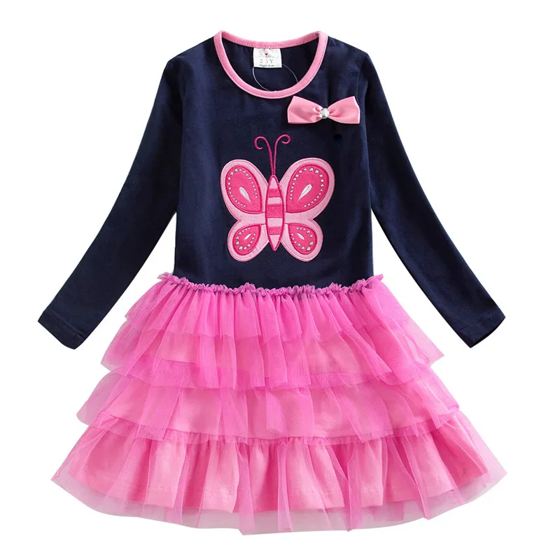 DXTON Kids Girls Dress Toddler Vestidos Kids Casual Dress Children Cartoon Clothing Butterfly Autumn and Winter Dresses for Girl - Цвет: RELH4555NAVY