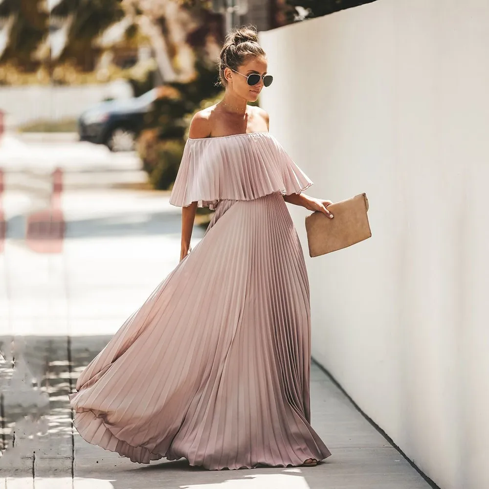 Женское пляжное платье Boho длинное плиссированное макси с открытыми плечами