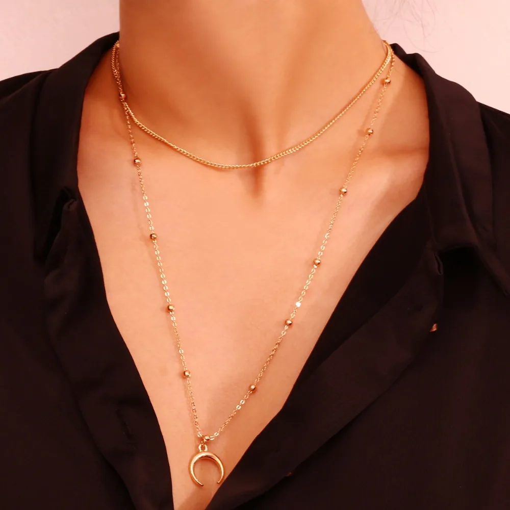 Myelo Double Layer Long Chains Necklace Gold Silver Color Bead Crescent