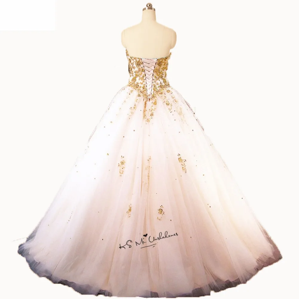 Quinceanera Dresses Sweet 16 Ball Gowns Prom Dress White Gold Lace Puffy Masquerade Vestidos de 15 anos