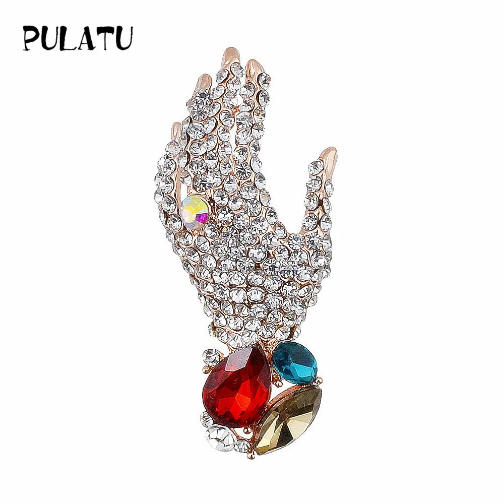 

PULATU Elegant Hand Brooches for Women Alloy Pave Rhinestone Crystal Female Brooch Pins New Fashion Jewelry Accessories Broach