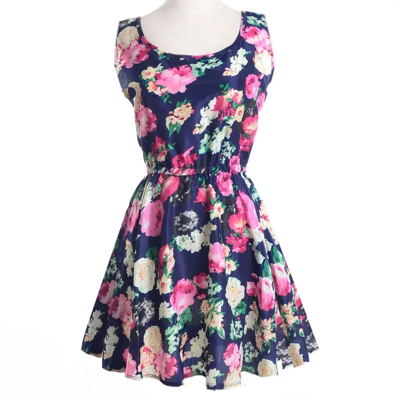 Fashion Women New Sleeveless Round Neck Florals Print Pleated Dress Summer Clothing Sweet Tank Dresses