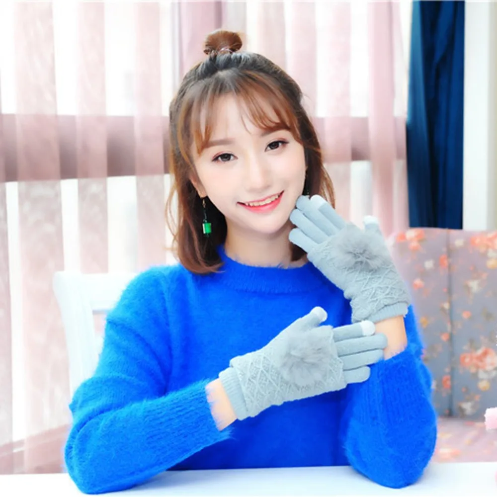 Женские перчатки с 2 пальцами, женские зимние теплые одноцветные эластичные вязаные перчатки с мячом, перчатки на запястье, варежки