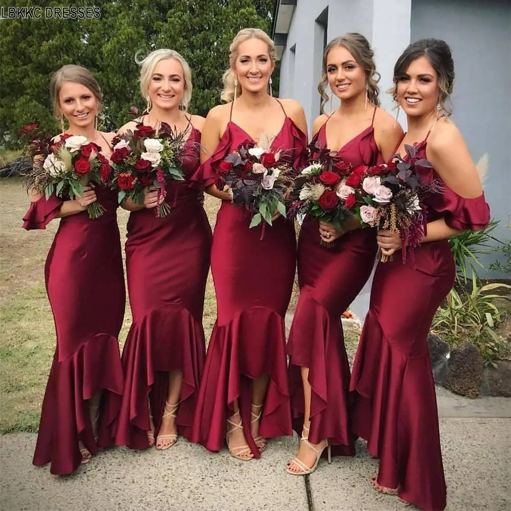 New 2019 Burgundy Mermaid Wedding Guest Dresses Halter Off The Shoulder Floor Length Long Bridesmaid Gowns Cheap Party Dress | Свадьбы и