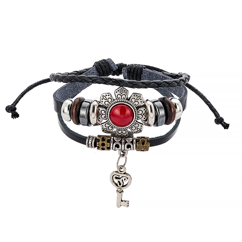 Hot Selling Vintage Leather Jewelry For Men Cheap Price Handmade Metal Key Charm Bracelet Trendy Bohemia Red Stones | Украшения и