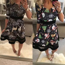 Осенне-зимнее женское платье с принтом рождественского оленя Санта-Клауса, с коротким рукавом и v-образным вырезом, Модное Новое Платье До Колена с высокой талией, Vestido