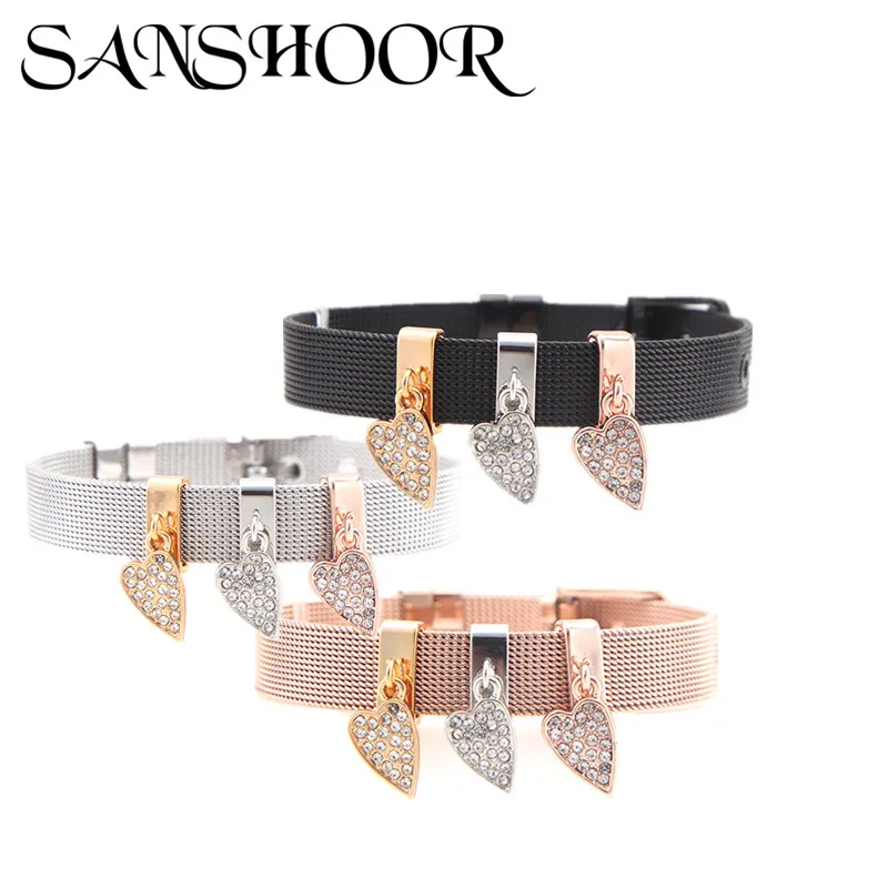 

SANSHOOR New Design Stainless Steel Women Mesh Bracelet Bangle Set Special Love Heart Dangle Charms For Women and Lover