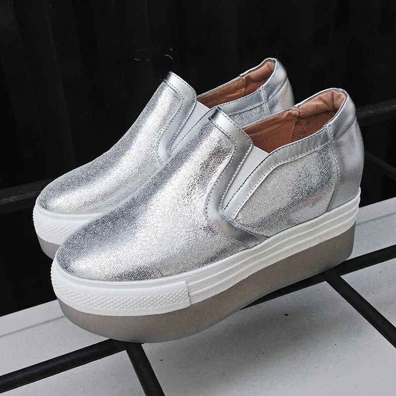 Platform Shoes Woman Genuine Leather Creepers Spring Autumn Women Loafers brand Ladies Shoes Fashion Female Loafers Silver Red