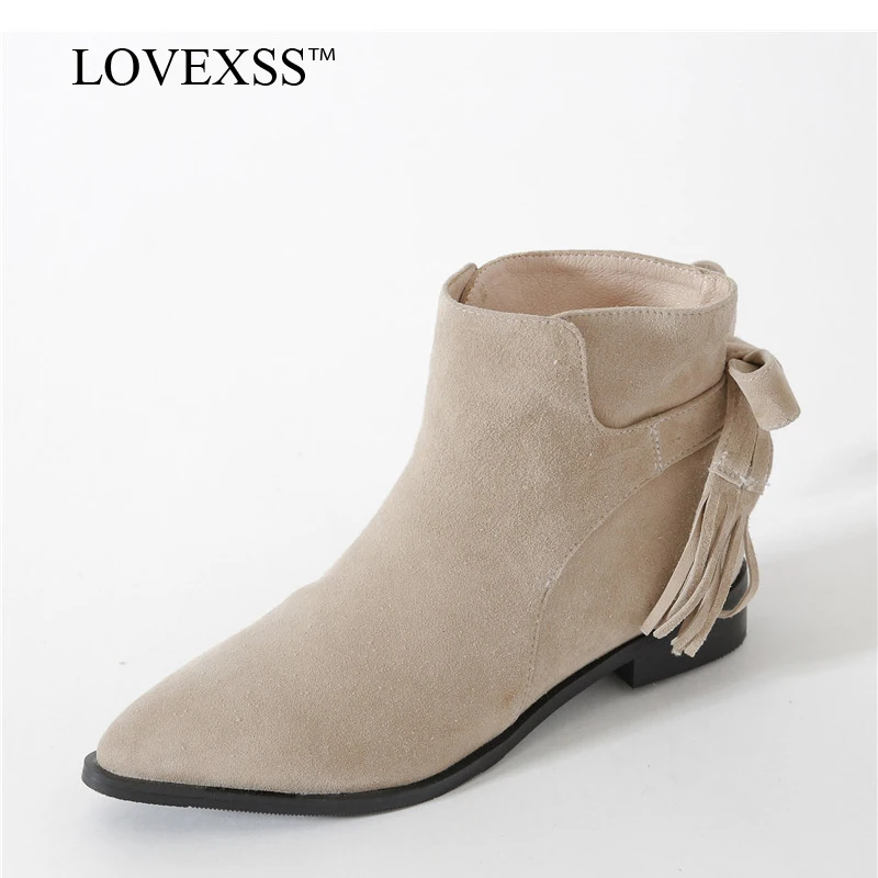 

LOVEXSS Woman Pointed Toe Ankle Boots Black Beige Autumn Winter Butterfly Boots Fashion Sheepskin Genuine Leather Chelsea Boots
