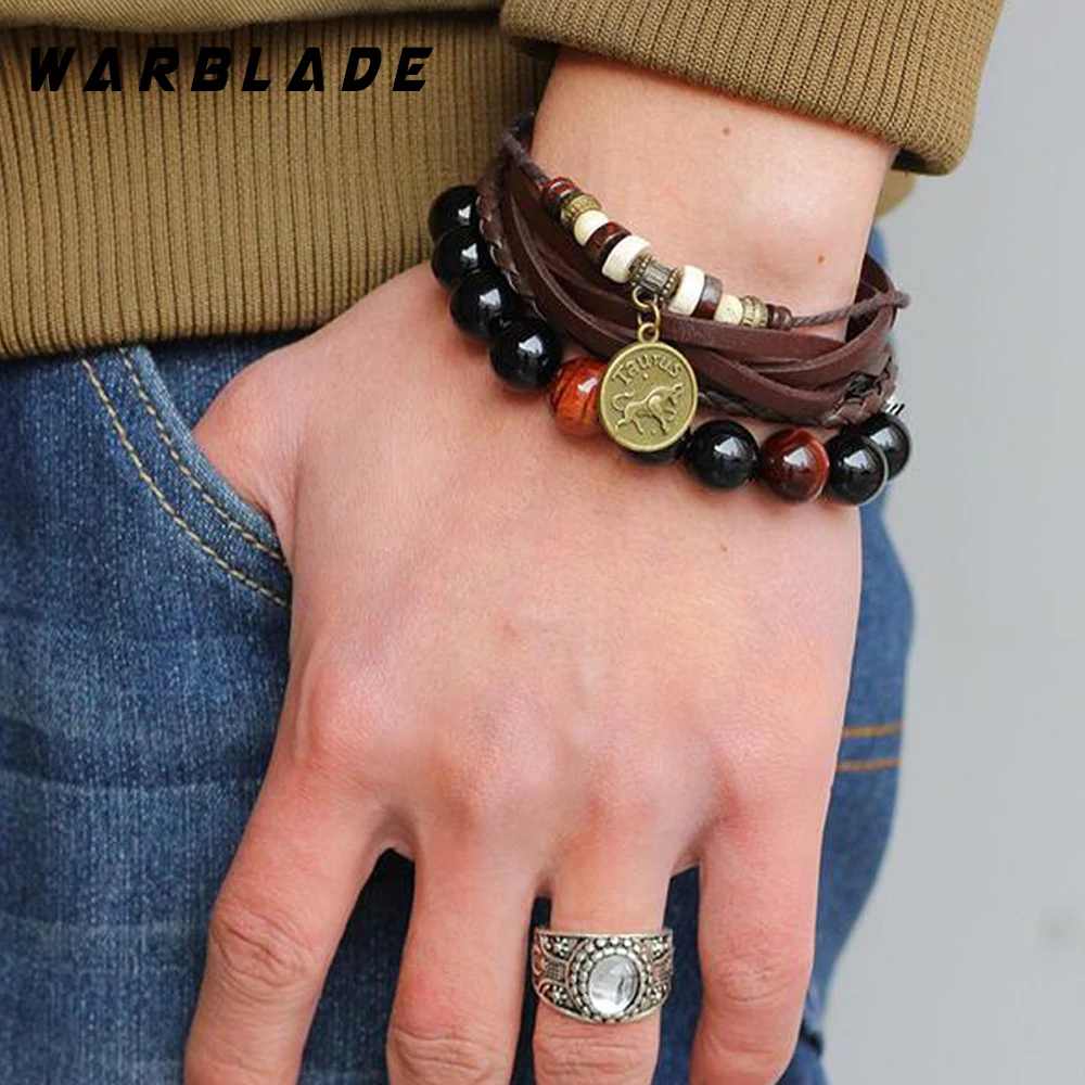 

2018 New Fashion Leather Zodiac Signs Bracelet 12 Constellations Bracelets Bangle Men Punk Wristband Charm Jewelry Gift WBL
