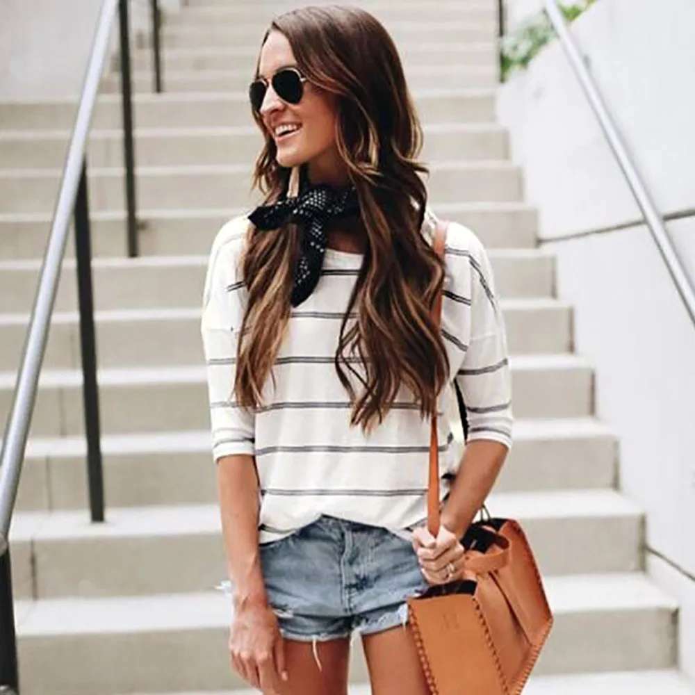 

Women Girls Stripe Casual Loose O Neck Elbow Half Sleeve Tops Female Spring Fashion Stylish Clothes Pullover