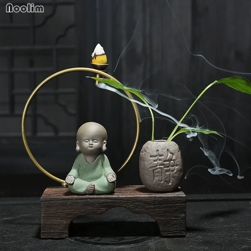 

NOOLIM Creative Purple Clay Zen Little Monk Backflow Incense Burner Hydroponics Flower Pot Tea Pet Ornaments