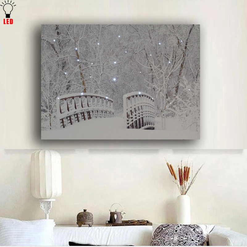 

52point flashing fiber optic lights canvas wall picture light up winter bridge snowing canvas print art frame painting decor
