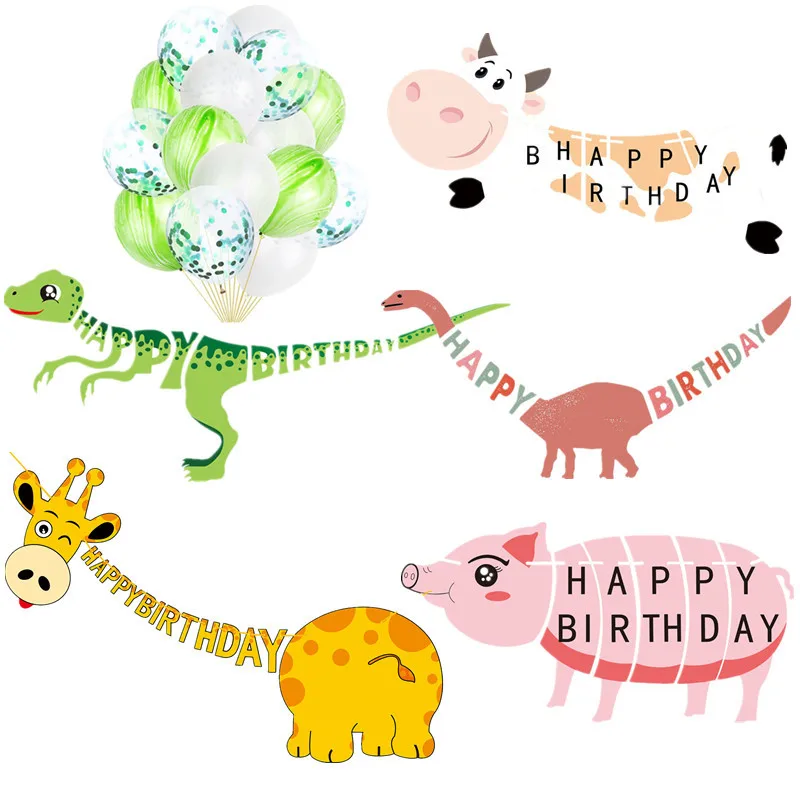 Lindo Feliz cumpleaños Banner Animal dinosaurio jirafa vaca cerdo Banner Garland globo para niños niñas niños cumpleaños fiesta Decoración