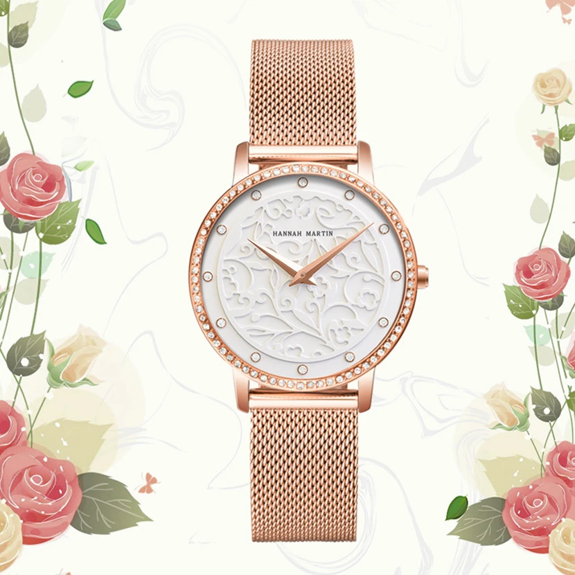 

Diamond Watch For Women New Creative Flower Engraving Dial Ladies Watch Luxury Rose Gold Stainless Steel Milan Mesh Quartz Clock
