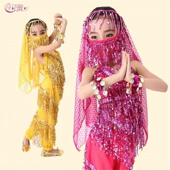 

Hot Belly Dance For Girls Performance Bollywood Indian Child Fringe Pants Tops Sequin Fringes Dance Costumes For Kids Wholesale