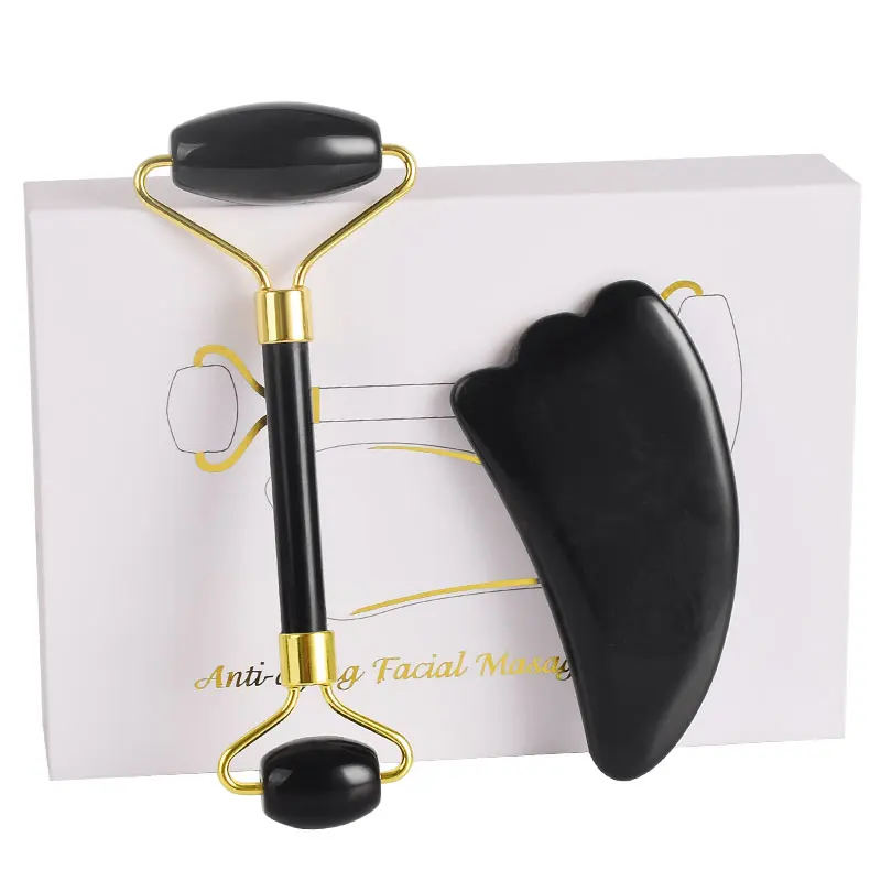 

2in1 With Gift Box Slimming Face Massager Tool Natural Black Obisidan Facial Massage Roller GuaSha Skin Massage Beauty Care Set