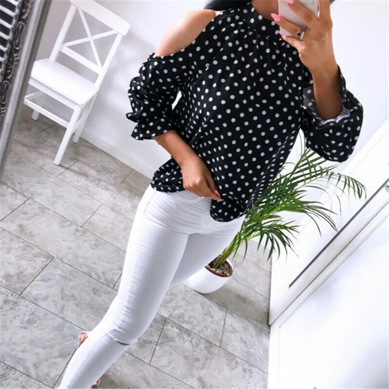 

2019 Summer Woman top blusa mujer polka dot print blouse women shirt cold shoulder womens tops and blouses ladies plus size