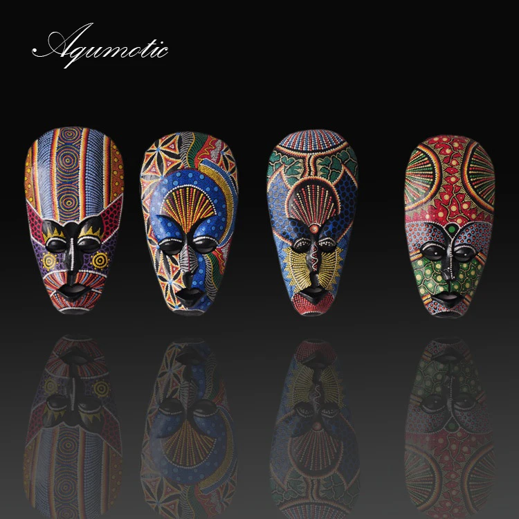 Aqumotic Thai Wooden Mask Wall Hanging Solid Wood Carving Painted Facebook Wall Decoration Bar Home Decorations African Totem