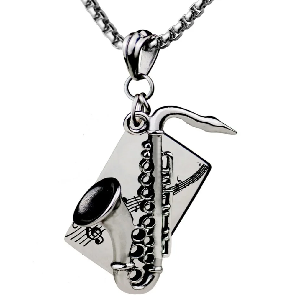 

Fashion simple stainless steel hip hop titanium steel pearl chain musical instrument saxophone pendant necklace hot sale