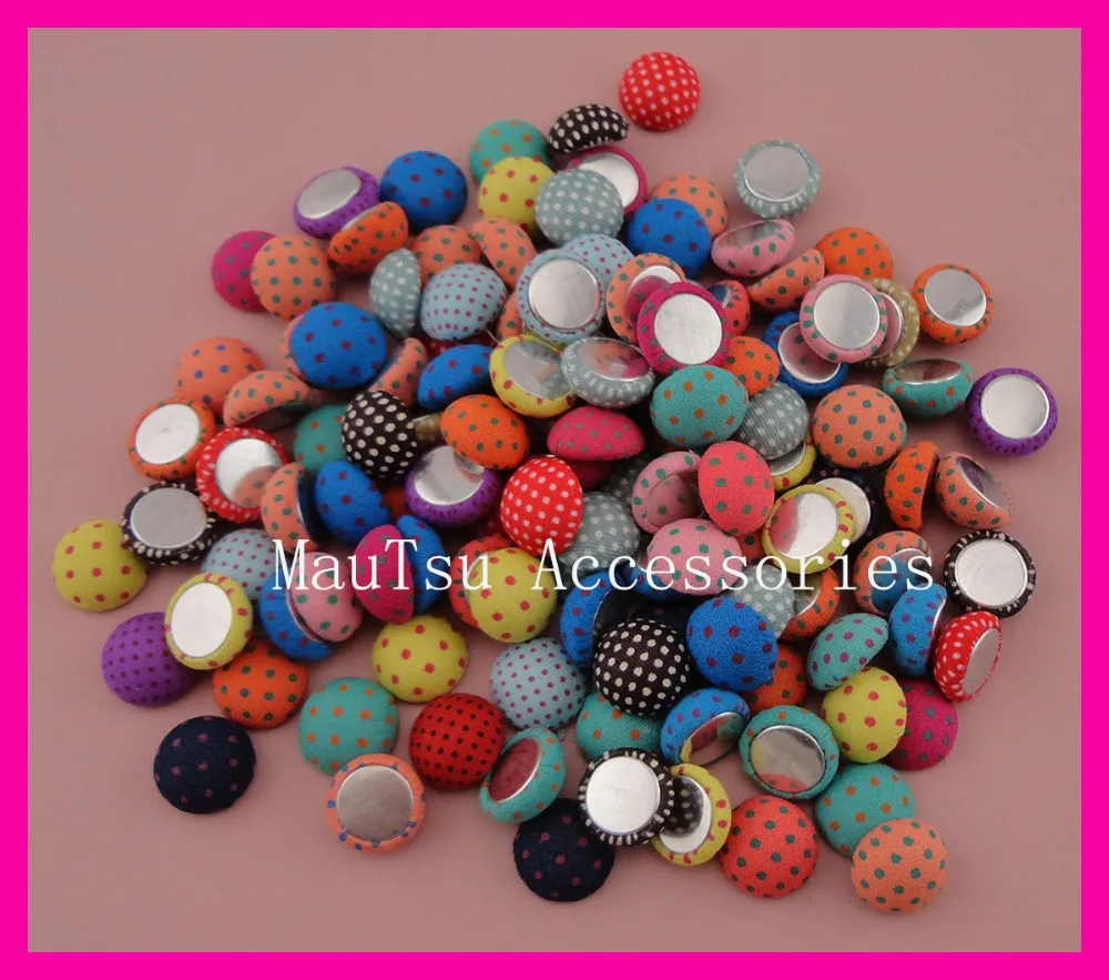 

100PCS Assorted Colors 8mm heigth 15mm Round Polka-dot Printing Fabric Covered Wrapped Chunky buttons beads with flat back