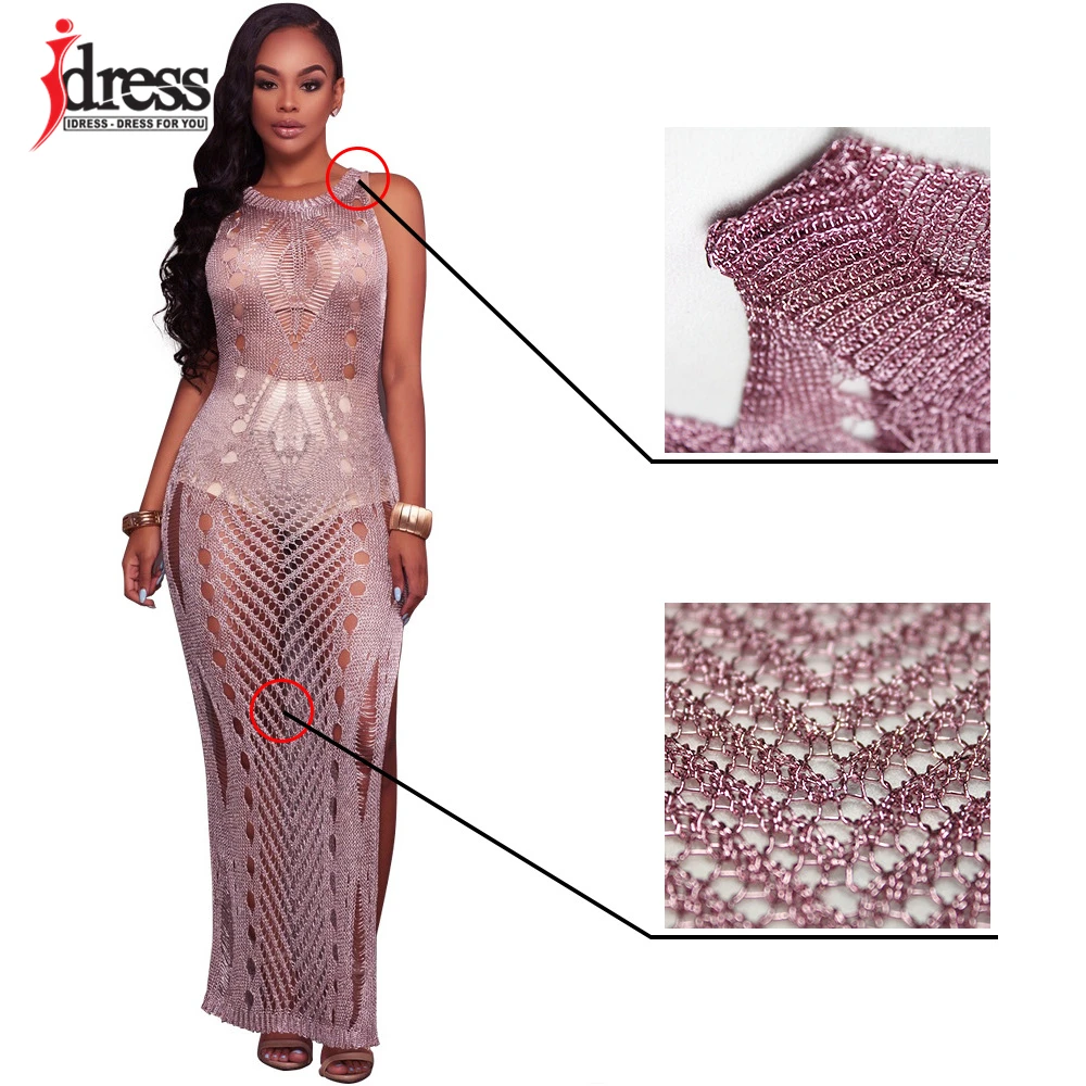 IDress Sexy Knitted Crochet Club Dress 2017 Summer Beach Sleeveless Maxi Dress Hollow Out See Through Purple Gold Beach Dress (7)