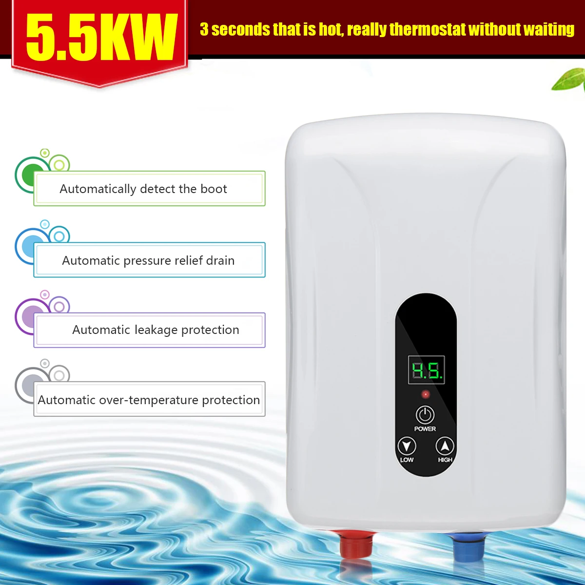 Water Heater 5500W 220V Tankless Instant Electric Hot Boiler Bathroom