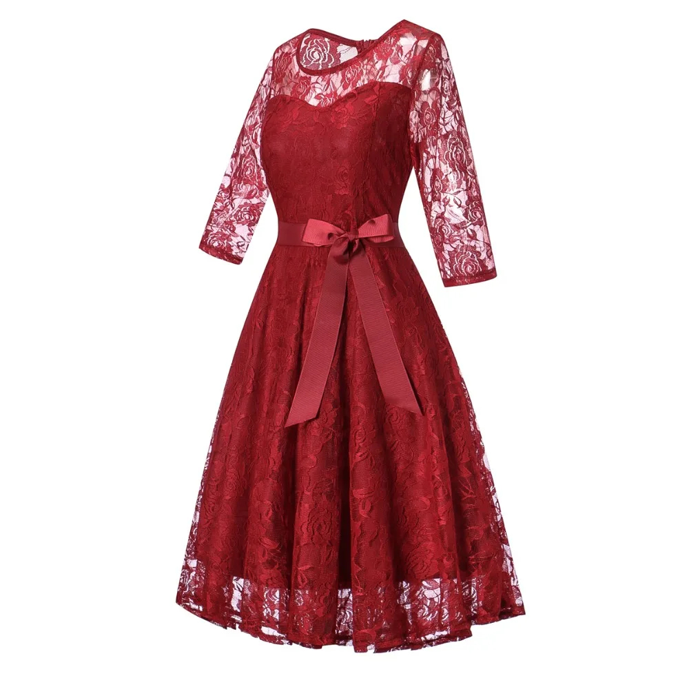 OML516# короткие платья подружки невесты с кружевным бантом и круглым вырезом со средним рукавом цвета красного вина, платье для свадебной вечеринки, платье для выпускного вечера, женская мода