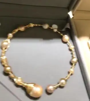 

free shipping >>>>noble jewelry Handmade natural pink baroque kasumi pearl necklace 9K Gold