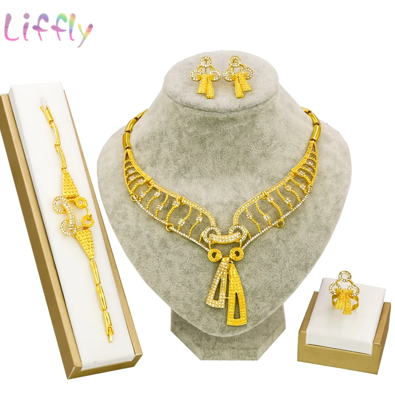 

Fashion Jewelry Sets Wedding Engagement Jewelry Cute Sweet Bow Crystal Necklace Earrings Ring Bracelet Dubai Jewelry Sets