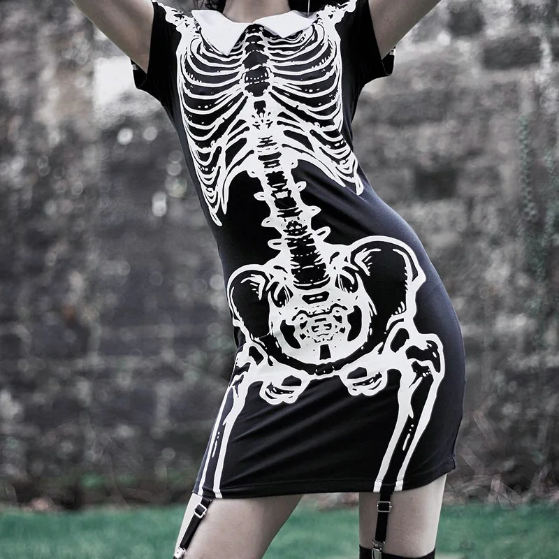 

JIEZuofang Gothic Streetwear Grunge Dresses Female Skeleton Print Patchwork Harajuku Fashion Summer 2019 Dress Sexy Buckle Dress