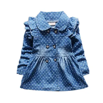 

Lovely Baby Kid Girls Vintga Denim Ruffled Long Sleeve Skirt Dots Princess Coat Wrap Coat P1