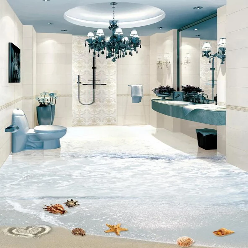 

3D Floor Mural PVC Wallpaper Modern Beach Starfish Conch 3D Floor Tile Painting Bathroom Kitchen Waterproof Home Decor Stickers