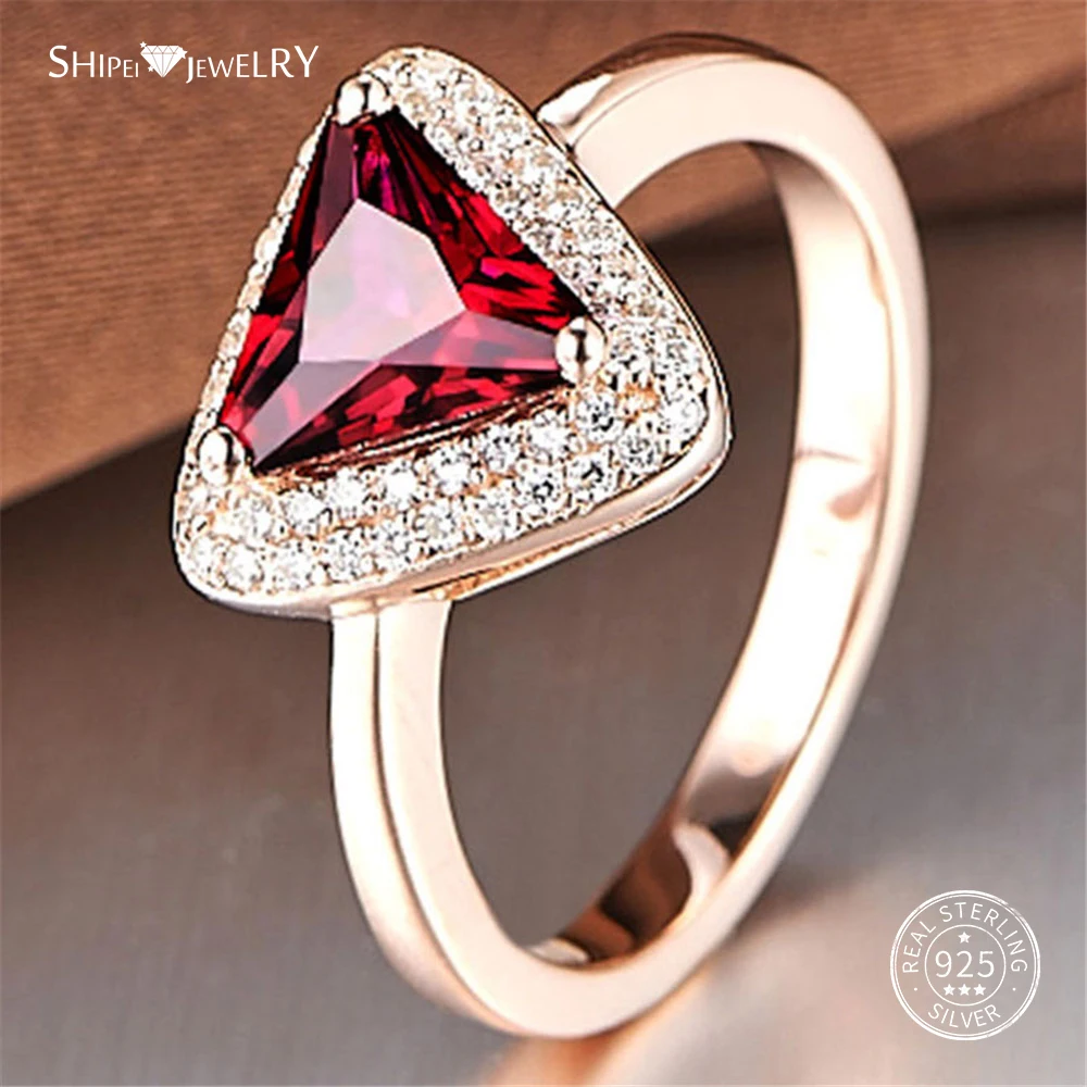 

Shipei Genuine Triangle Ruby Ring For Women 100% Sterling Silver Ruby Engagement Wedding Ring Fine Jewelry Anniversary Gift