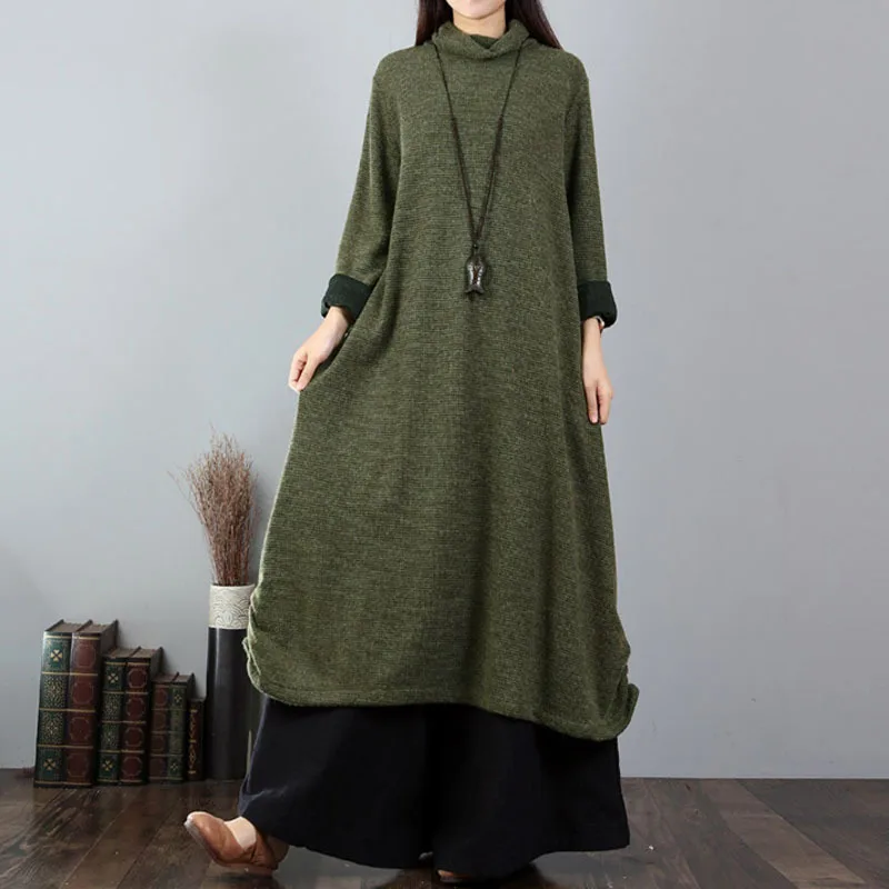 Новое однотонное вязаное женское платье с высоким воротом размера плюс, зимнее повседневное Свободное платье с длинным рукавом, 4 цвета - Цвет: Зеленый