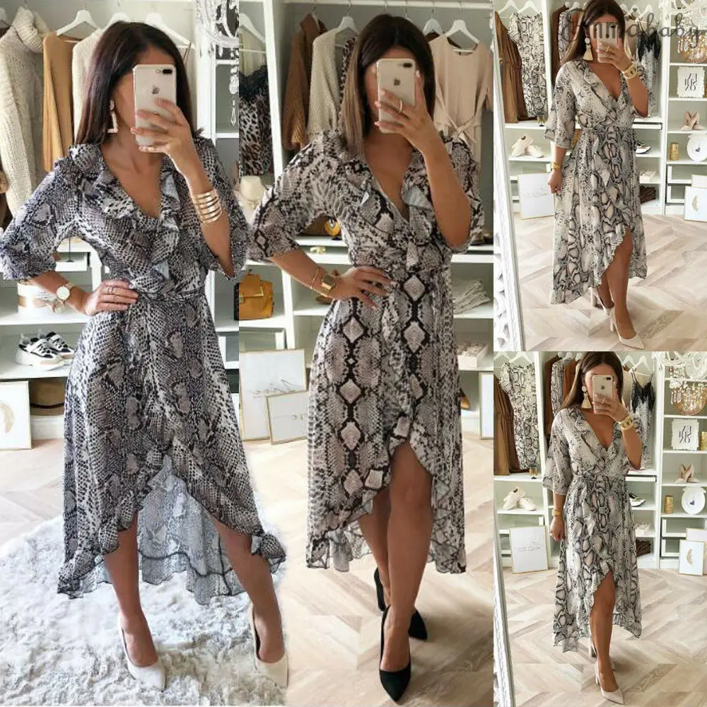 

Fashion Women Hot Summer Vintage Snake Print Deep V Neck Sexy High Low Long Dresses Sexy Casual Daily Wear Ruffles Leopard Cool