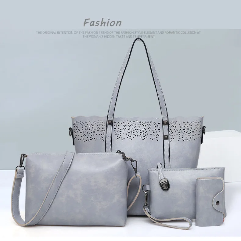 

4Pcs/set Hollow Women Handbags Set High Quality Pu Leather Shoulder Tote + Crossbody Bag + Clutch + Coin Purse