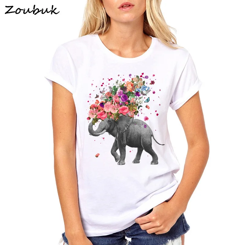 

Hot sale Flowers elephant design t shirt women fashion colorful print o-neck tshirt elephant lovers tee shirt femme tops tee