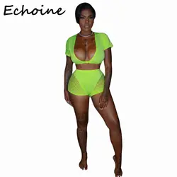 Echoine Прозрачная сетка тренировочный костюм-печворк спортивный костюм: Топ + короткие штаны Для женщин одежды, комплект летней одежды для