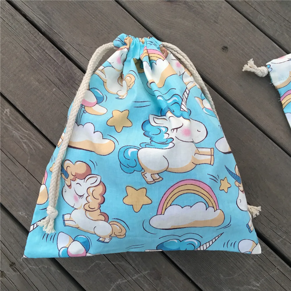 

YILE 1pc Cotton Drawstring Clothing Sorted Pouch Party Gift Bag Printed Unicorn Rinbow Clouds Blue Base N9205c